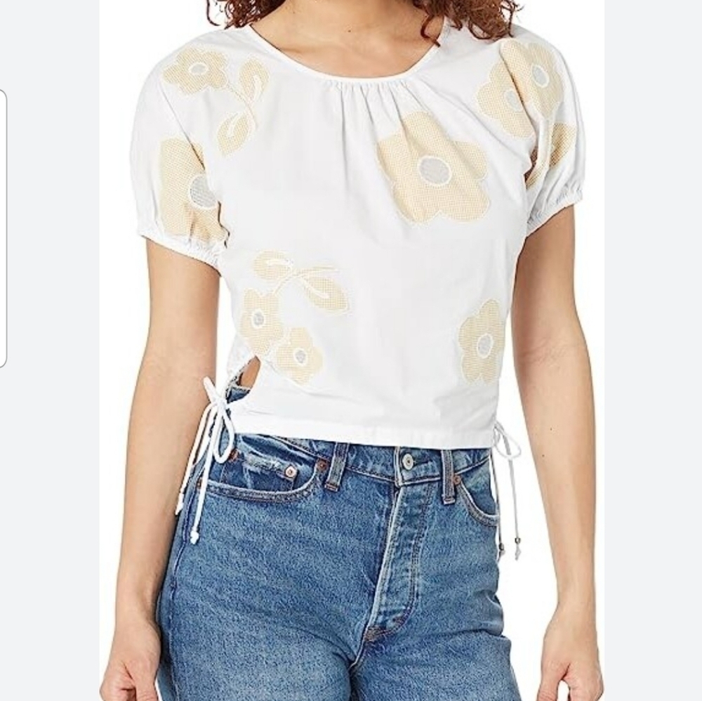 Madewell Embroidered Puff Sleeve Cutout Crop Poplin Top Size L Eyelet White
